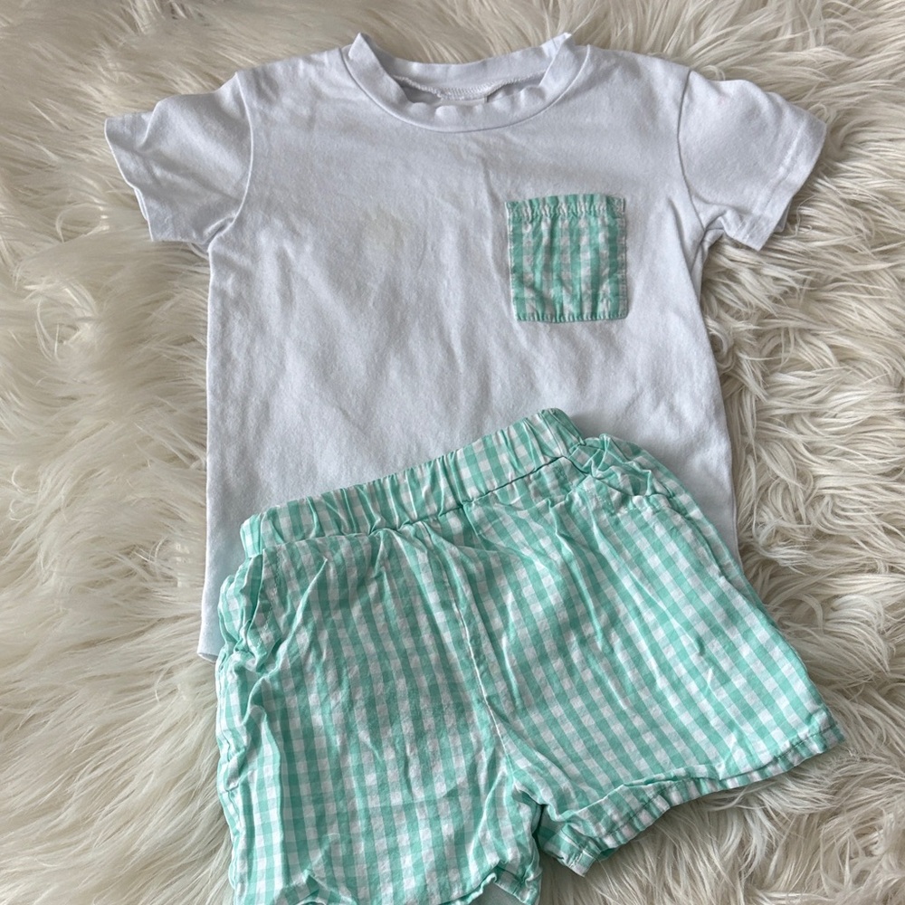 White Tee and Green Gingham Shorts Set